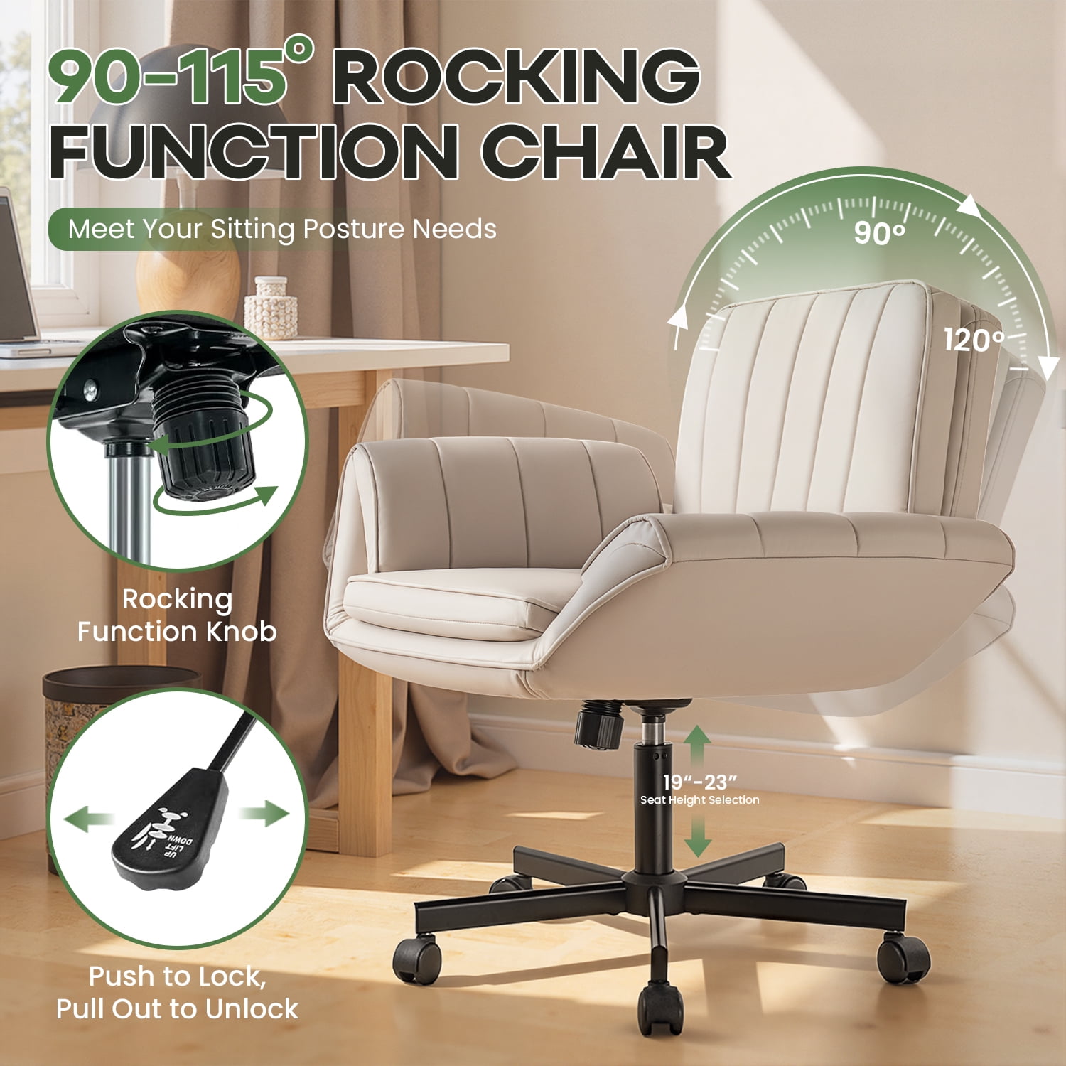BOSSIN Biege Criss Cross Chair with Armrests & Wheels,Foldable Armrest PU Leather Vanity Chair – Thickened Swivel Office Desk Chair for Home, Makeup Room & Bedroom