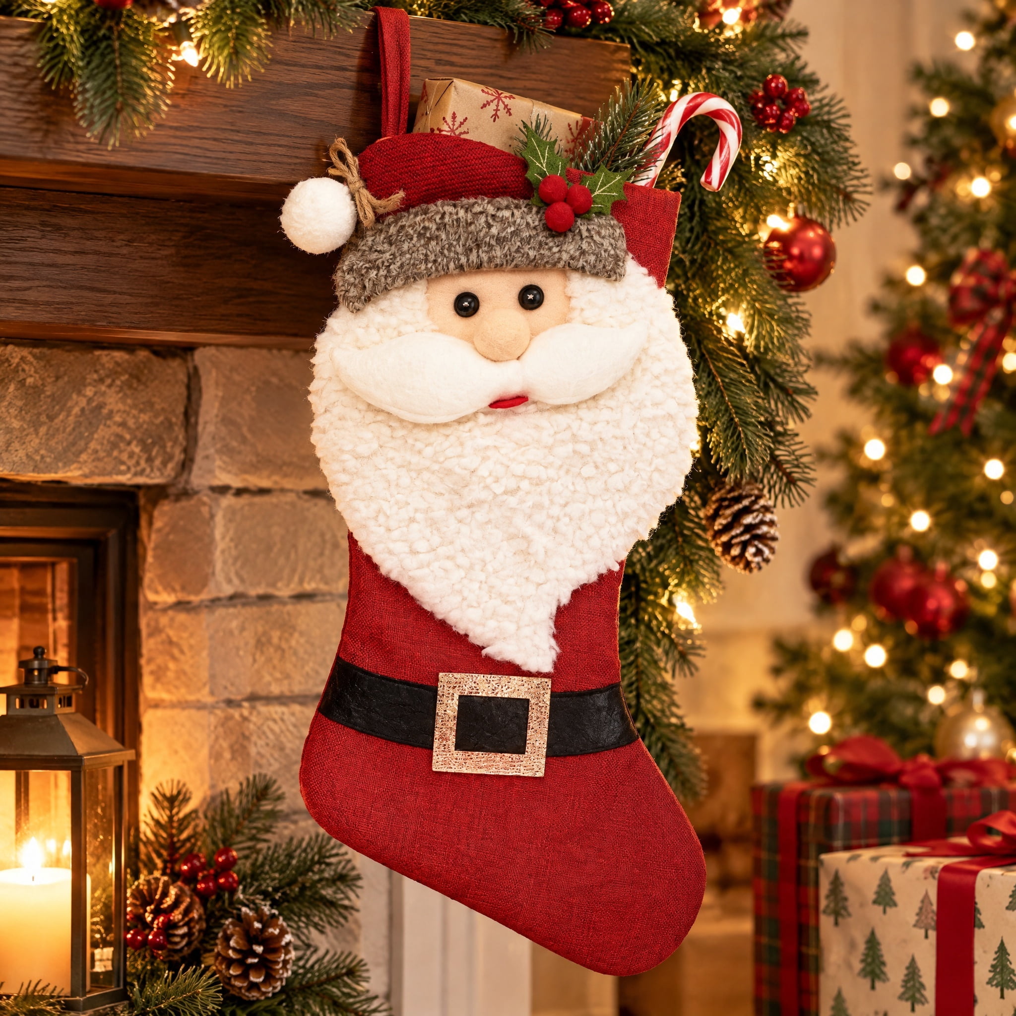 Burlap Santa Claus Christmas Stocking, Multicolor, 18", by Holiday Time