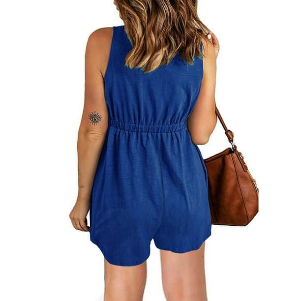 Women Summer Short Romper V Neck Short Romper Elastic High Waist Sleeveless Wide Legs For Shopping Blue 2XL Walmart