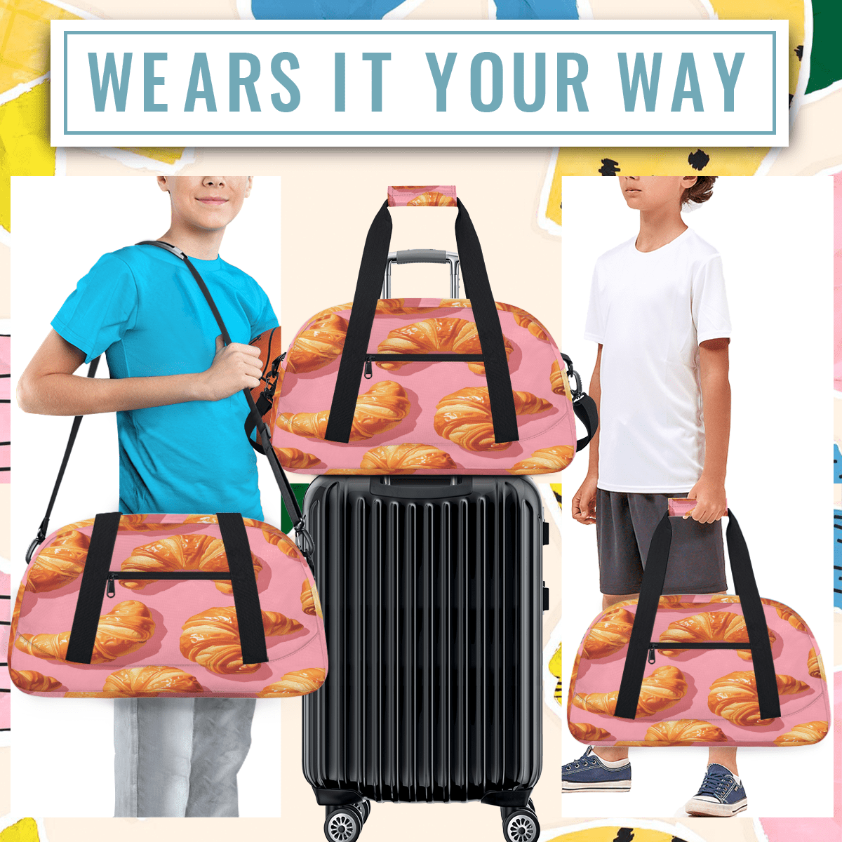 Herdesigns Croissants Sports Duffle Bag for Women & Men, Food Bread Gym Bag Dance Bag Overnight Bag Carry On Weekender Travel Bag