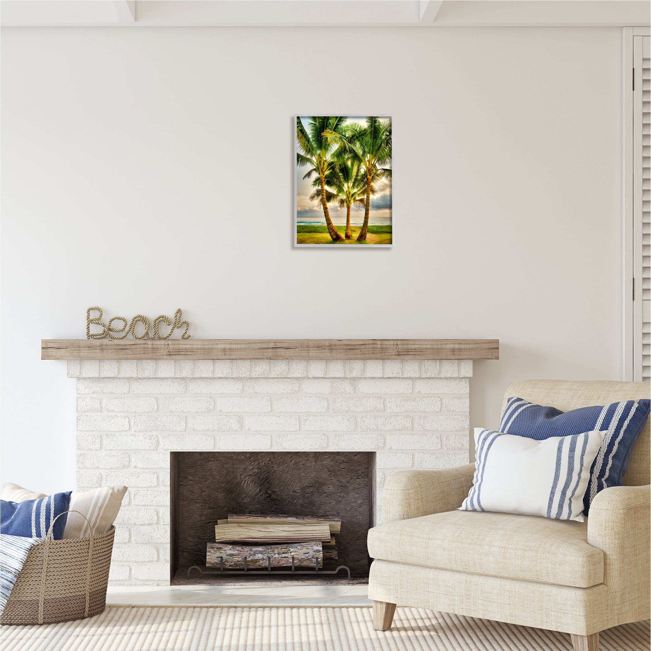 Stupell Industries Three Palm Trees on Beach Nature Painting Gray Framed Art Print Wall Art, 16 x 20
