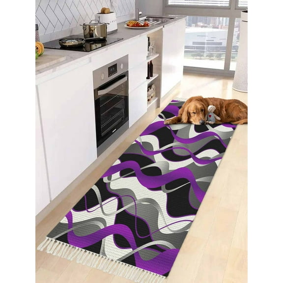 Purple Stripe Entryway Runner Rug 2x4ft,Black Grey White Gradient Striped Geometric Washable Woven Living Room Hallway Bedroom Kitchen Carpet with Tassels,Indoor Outdoor Throw Door Mat for Entryway