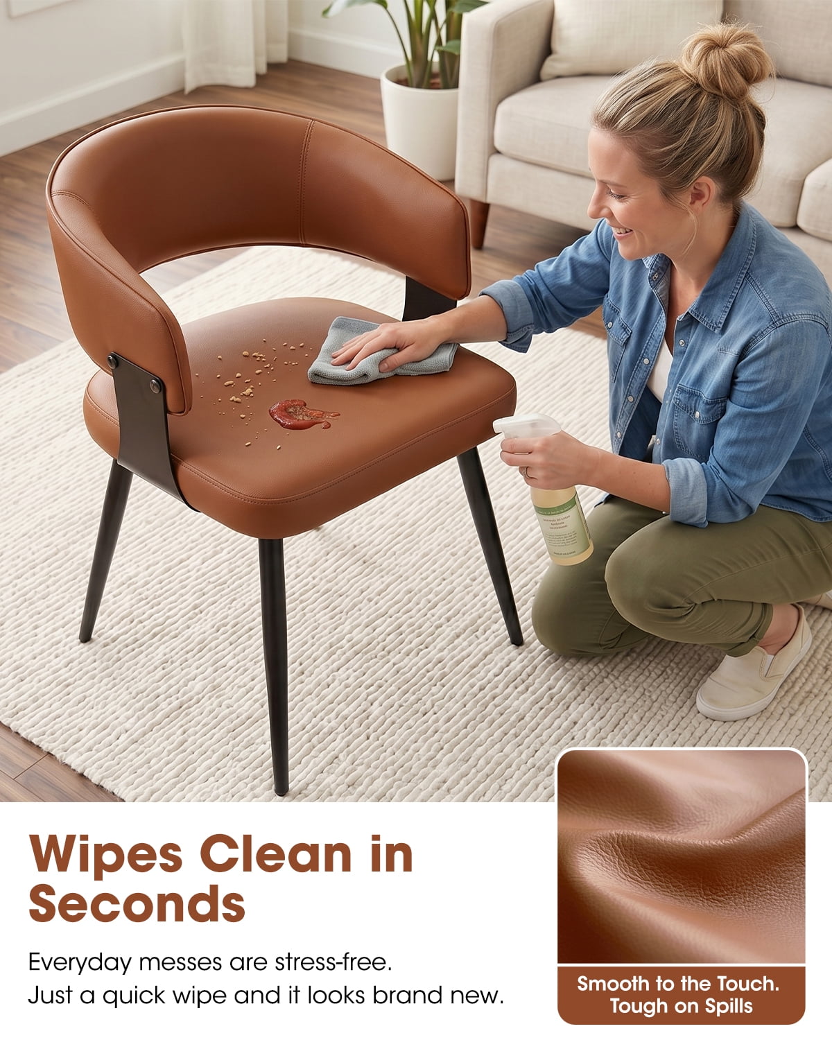 Modern Kitchen Chair Set of 4, Upholstered Faux Leather Dining Chairs with Curved Back, Easy Assembly for Dining Room Restaurant Cafe,Brown
