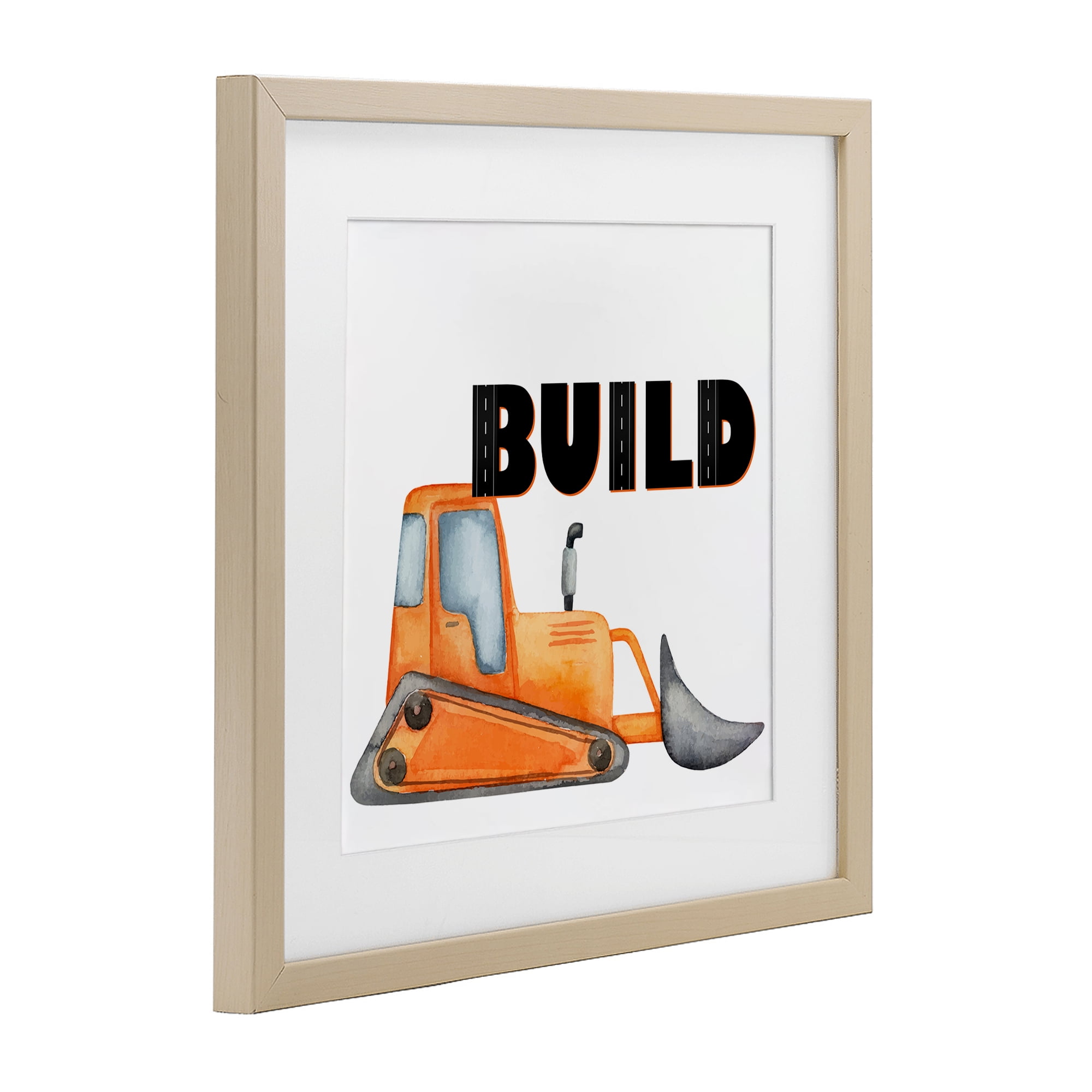Build with Orange Bulldozer Birch Framed Print Under Glass, design by Kim Allen