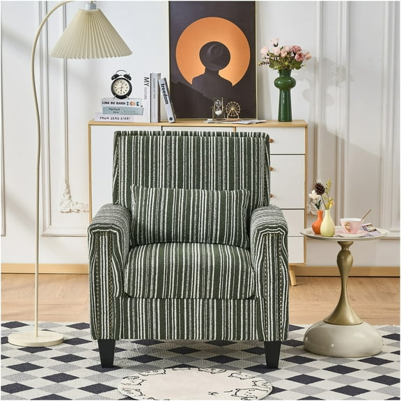 JERFIT Modern Striped Accent Chair with Nailhead Trim, Upholstered Armchair for Living Room, Bedroom, Office, Green Polyester Fabric on Solid Wood Frame