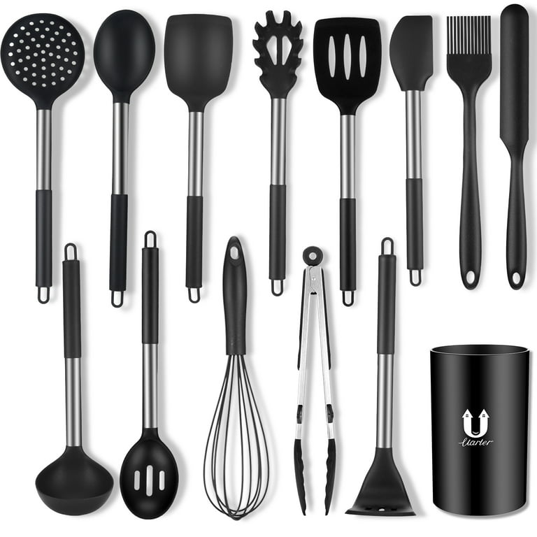 Kitchen Utensil Set 14 Pcs Silicone and Stainless Steel Home Kitchen Cooking  Tools Non-stick Heat Resistant Essential Kitchen Gadgets Utensil Set, Black  