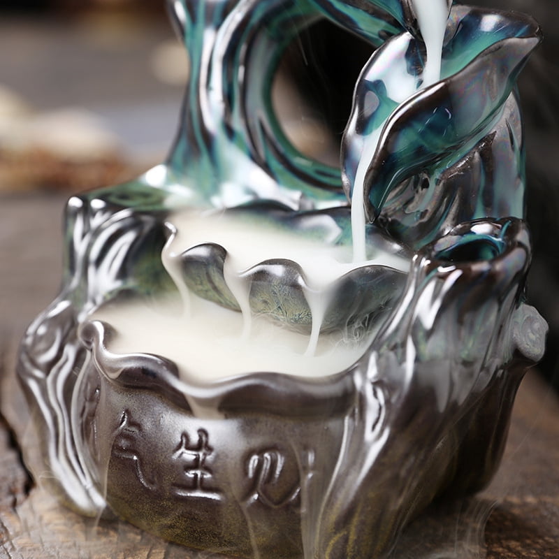 Ceramic Lotus Leaf Aromatherapy Holder Creative Waterfall Lotus Backflow Incense Burner Ornament for Yoga Room Office Bedroom