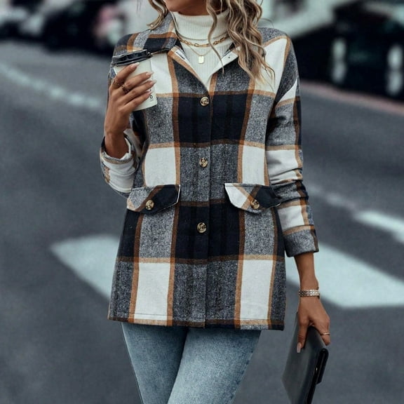 Fshiont Women's Flannel Jacket Plaid Shacket Lapel Button Down Long Sleeve Shirt Color Block Casual Coat Navy S