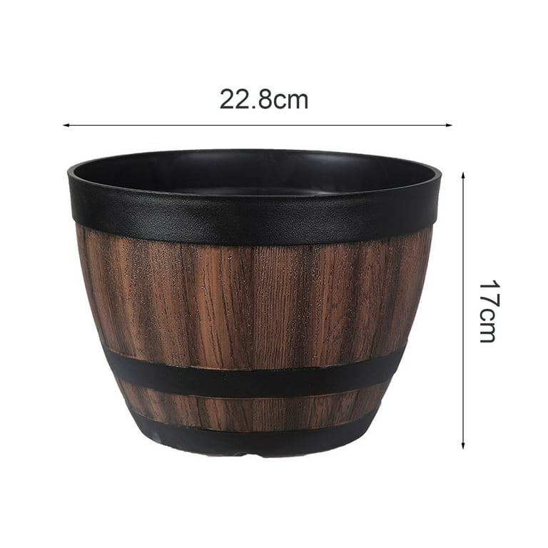 Plant Pots Set of 3 Pack 10 inch,Whiskey Barrel Planters with Drainage  Holes & Saucer.Plastic Decoration Flower Imitation Wine Design,Canbe for  Indoor