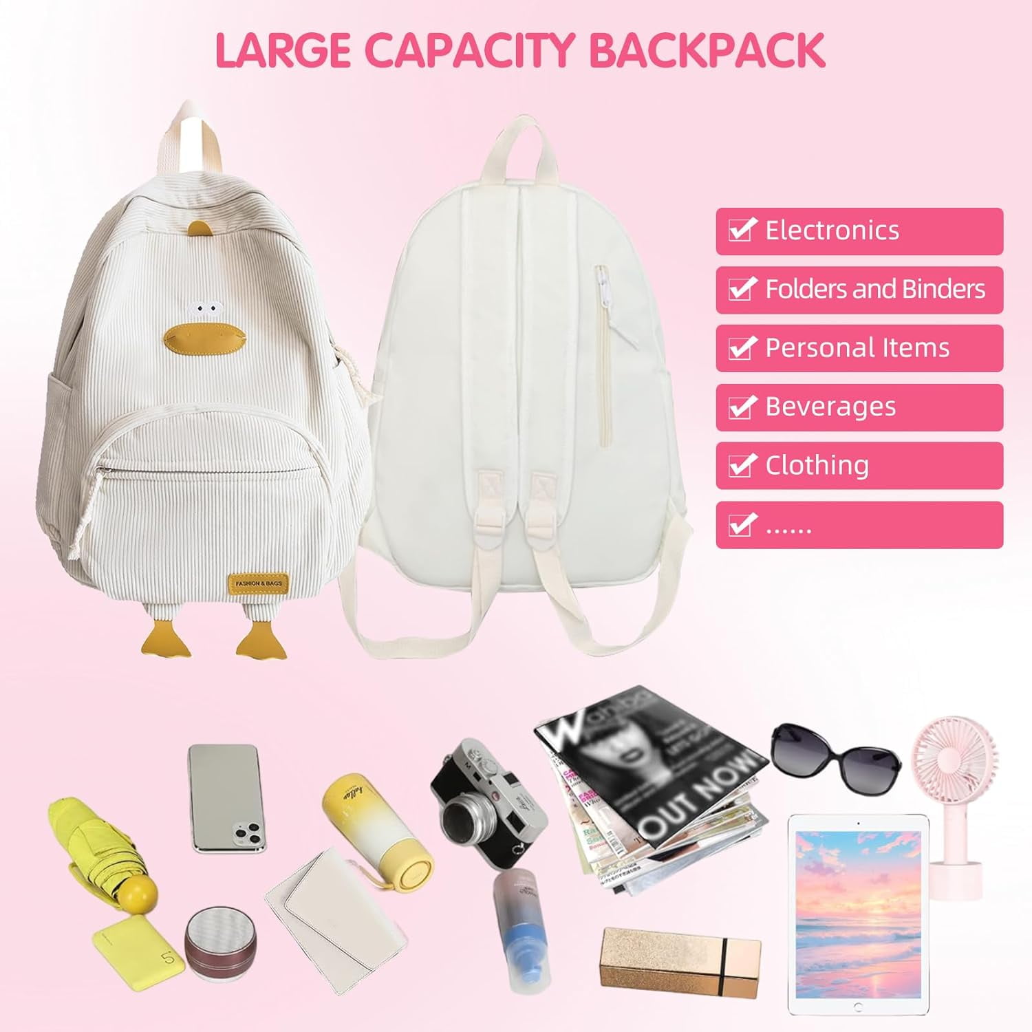 Duck Cute Backpack, Large Capacity Cute Schoolbag Funny Aesthetic Kawaii Corduroy Mochila (white)
