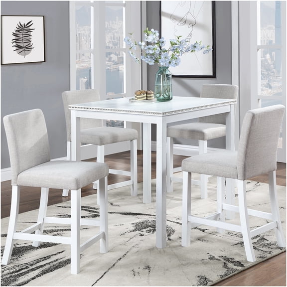 White and Light Gray 5-Piece Counter Height Dining Set with Crystal Accents, Square Kitchen Table and 4 Upholstered Chairs for Small Space