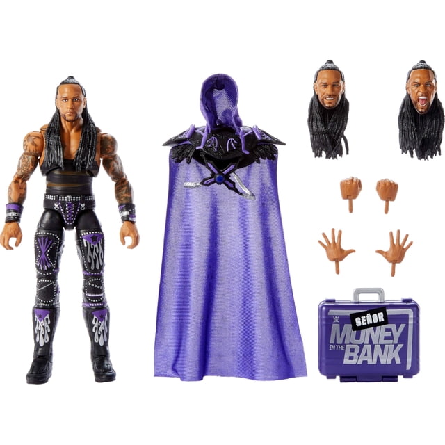la figura de acción mattel wwe ultimates damian priest llegará pronto figura articulada coleccionable de luchador con cabello largo trenzado y tatuajes, traje negro con detalles morado y plateado; incluye capa morada con capucha, cuatro manos intercambiables y maletín 'Señor Money in the Bank'; también adecuada para dioramas de colección.