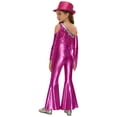 thumbnail image 2 of RUNQHUI Kids Girls Metallic Ruffle Flared Jumpsuit with Hat Set Fringed Performance Disco Dance Outfit Hot Pink 12, 2 of 6