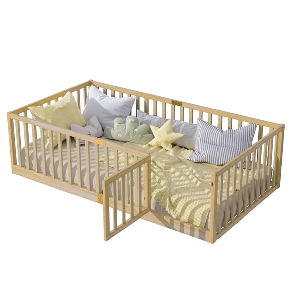 Sesslife Twin Size Floor Bed with High Fence & Door, Wood Twin Bed Frame with Salts and 21.5” Safety Guardrails, Twin Floor Bed for Boys Girls, No Box Spring Needed, Natural