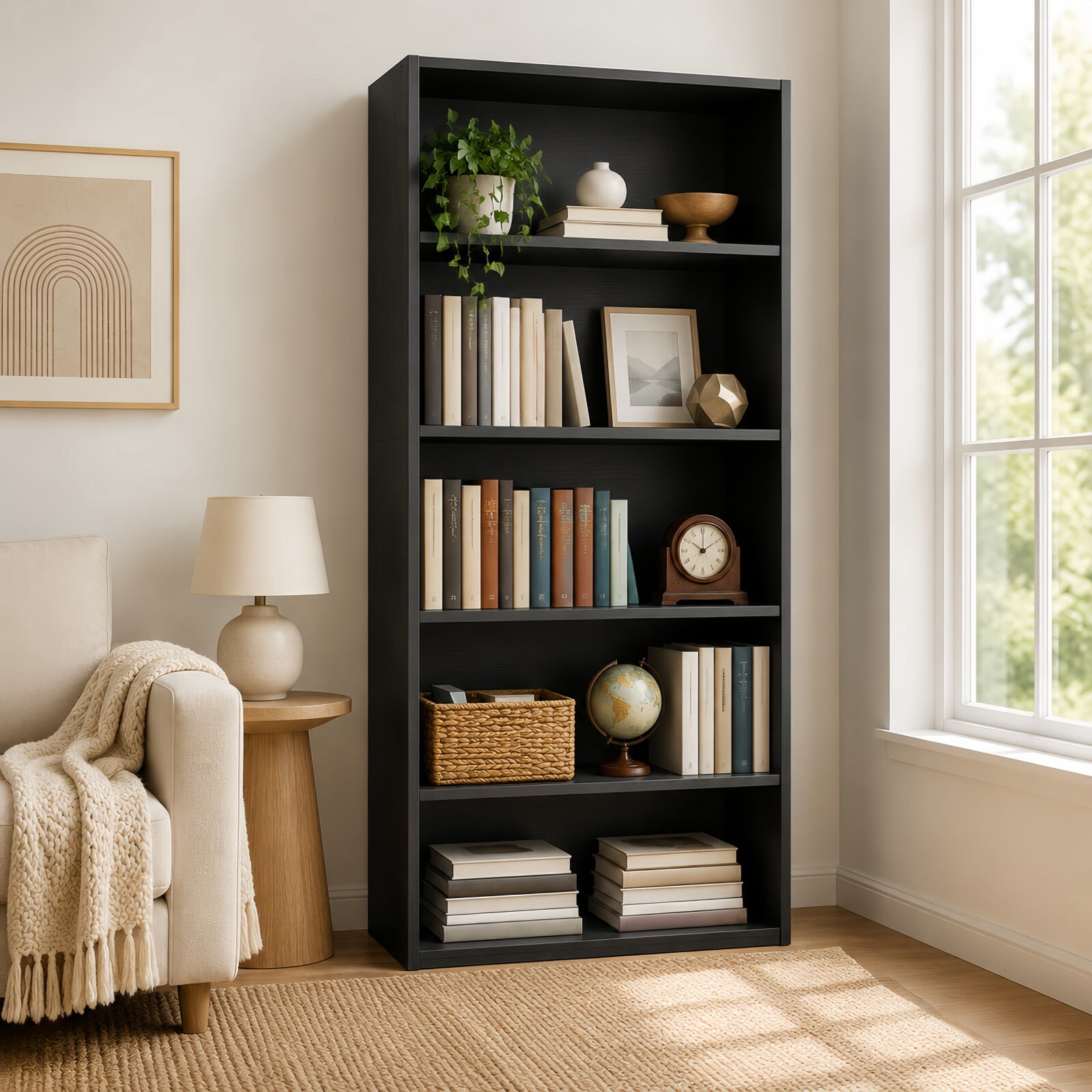 Kelno 5 Tier Vintage Bookshelf 53" Freestanding Wood Bookcase with Adjustable Shelf Anti-Tip Kit, Black
