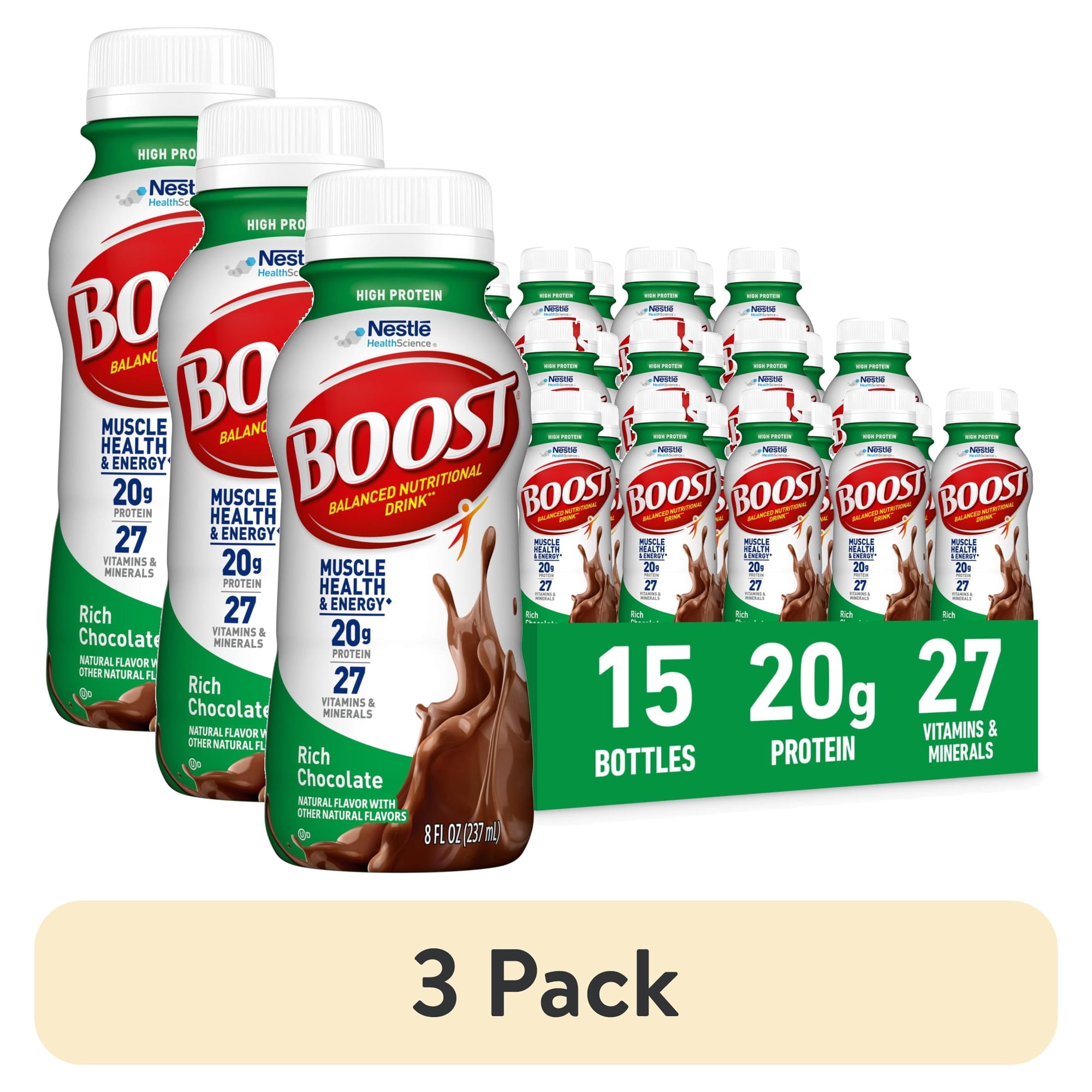 (3 pack) BOOST 20g High Protein Nutritional Drink Shakes, Rich Chocolate, 8 fl oz, 15 Pack