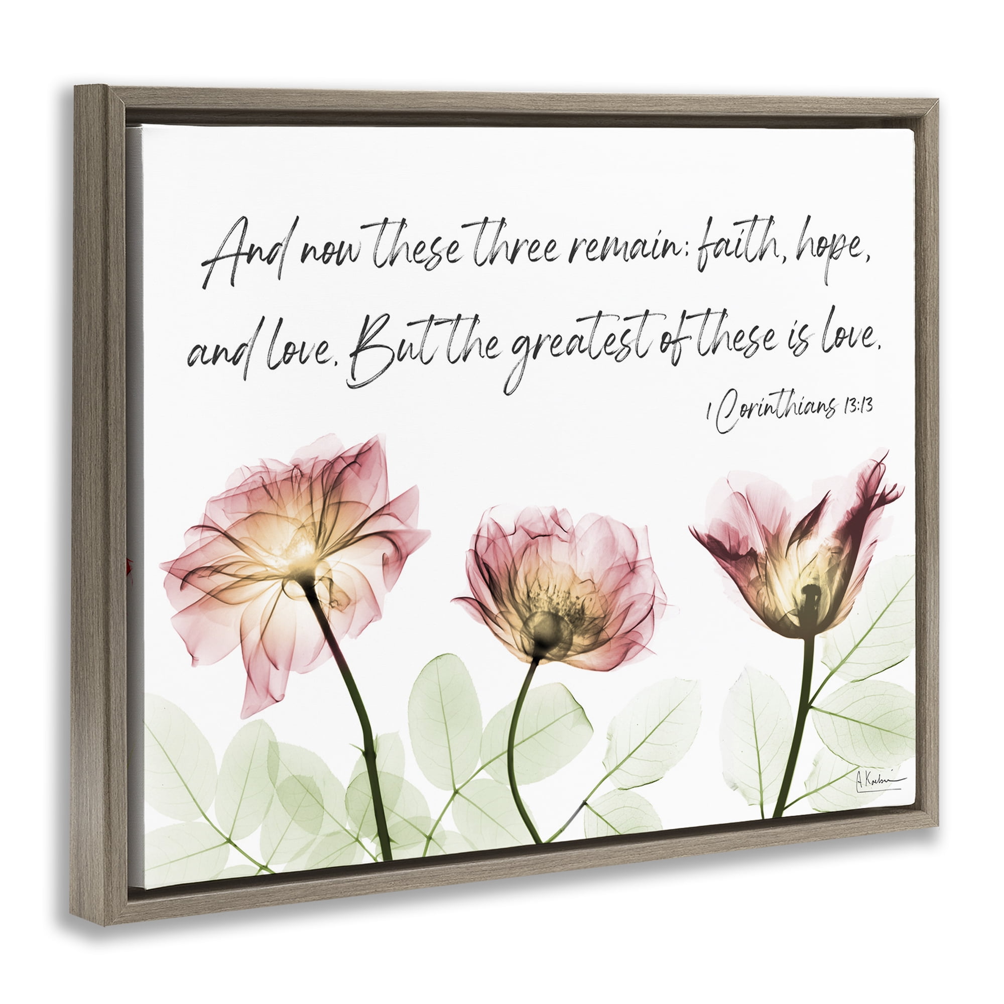 Stupell Industries Faith Hope Love Floral Religious Painting Brown Floater Framed Art Print Wall Art, 21 x 17