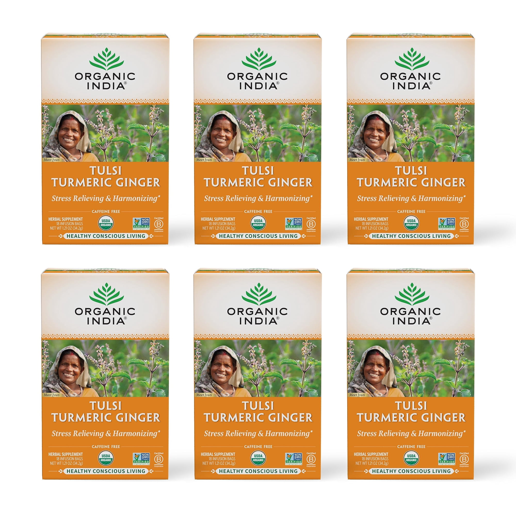 ORGANIC INDIA Tulsi Turmeric Ginger Herbal Tea - Stress Relieving & Harmonizing, Immune Support, Aids Digestion, Vegan, Caffeine-Free - 18 Infusion Bags, 6 Pack