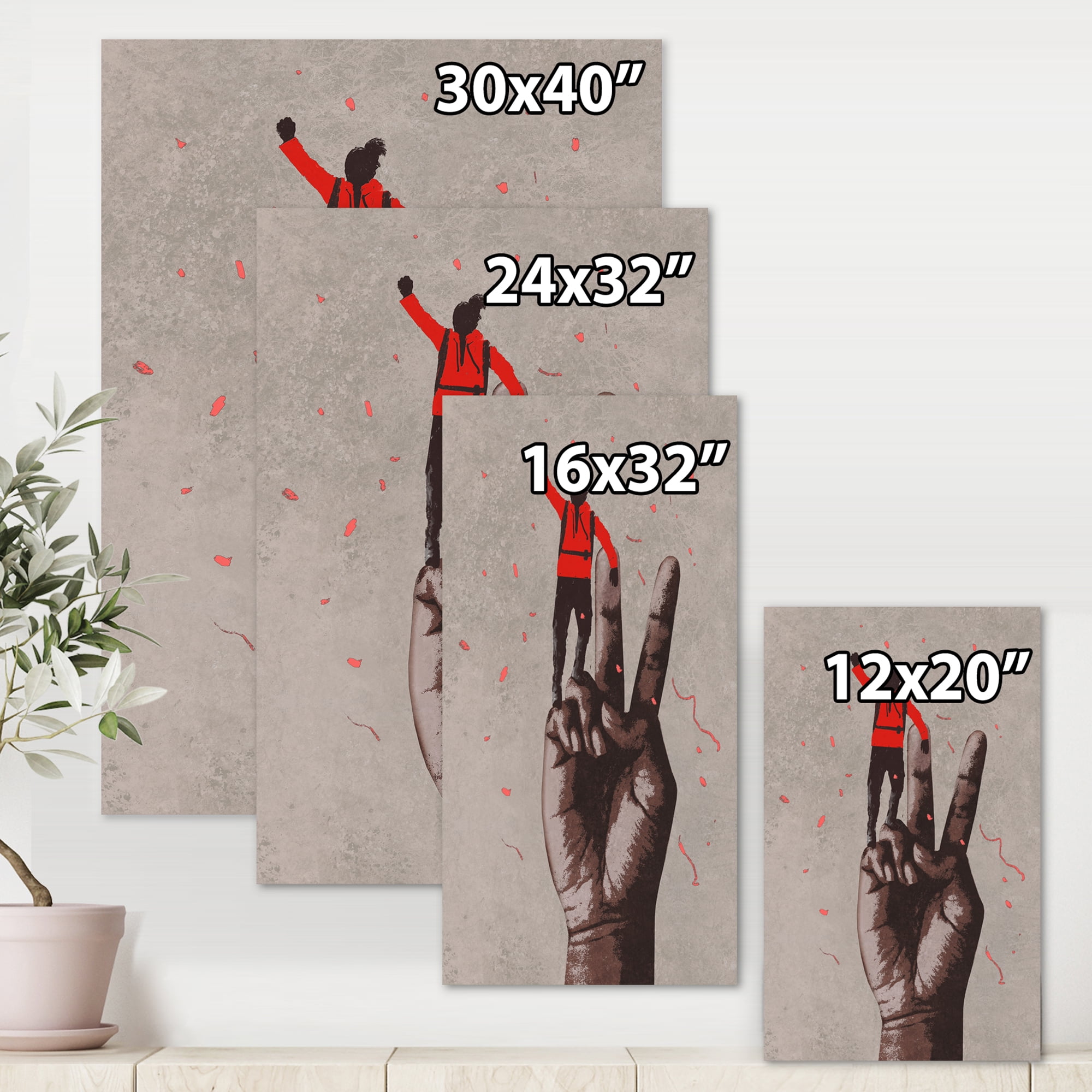 Designart ' Man With Arm Raised On Victory Sign ' Modern Canvas Wall Art Print