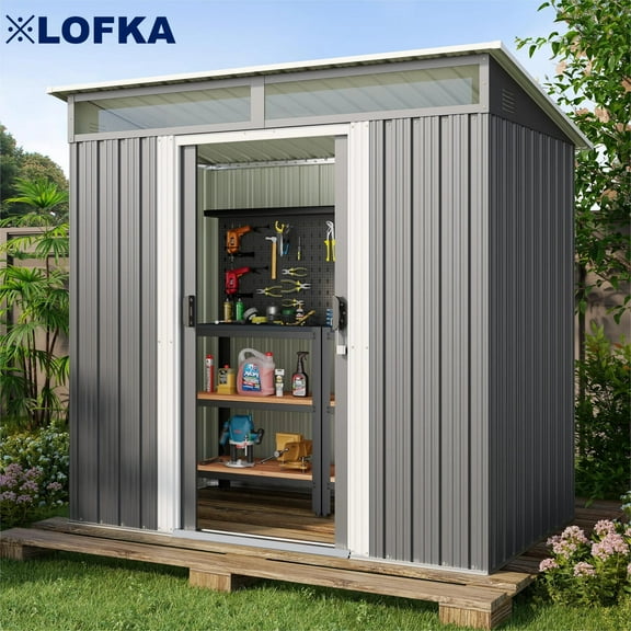 Lofka 6x4ft. Sheds and Outdoor Storage with Sliding Door and Transparent Window, Tool & Garden Shed with Metal Panel, Gray