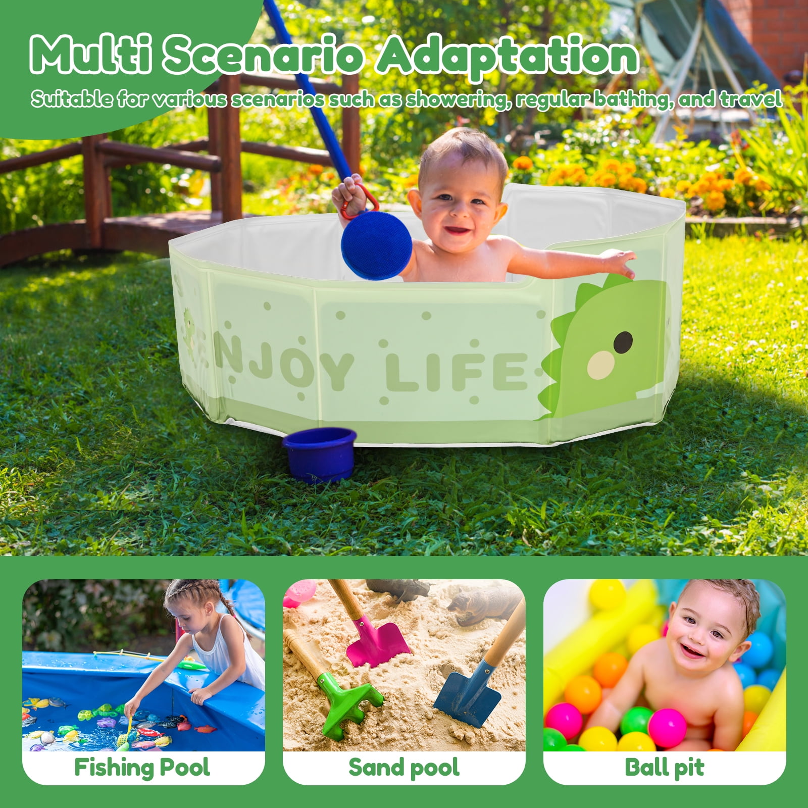 Ikoopy Foldable Kid Bathtub for Shower Portable Toddler Baby Bathtub with Drainage Design Space Saving for 0 to 8 Years Old Children Pet Travel