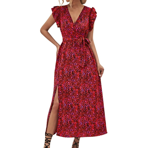 Gibobby Vestidos Casuales para Mujer Vestidos casuales de verano para mujer Vestido de manga corta con estampado de flores Vestido casual de playa(Rojo,XL)