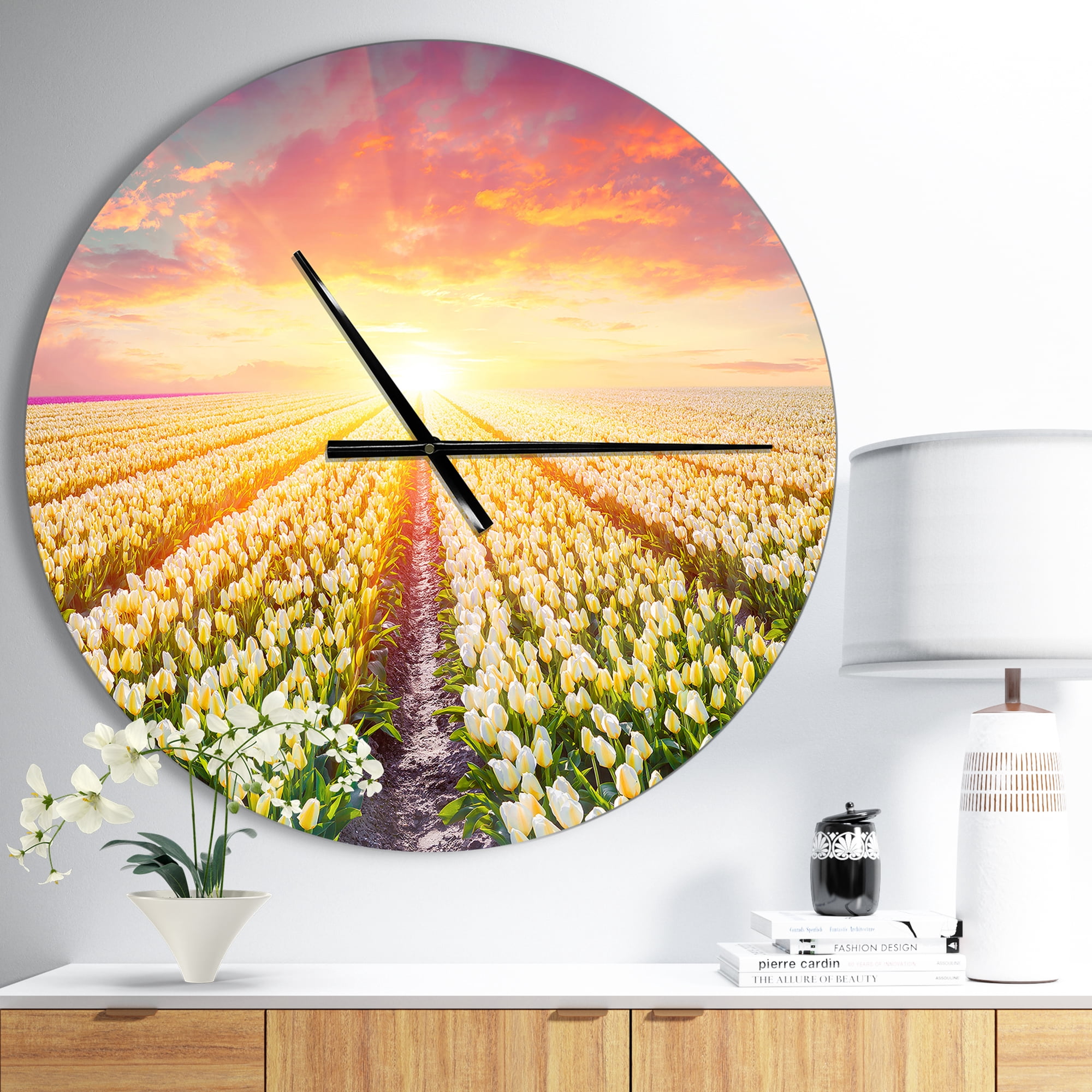 Designart 'Blooming White Tulips ' Farmhouse Wall Clock