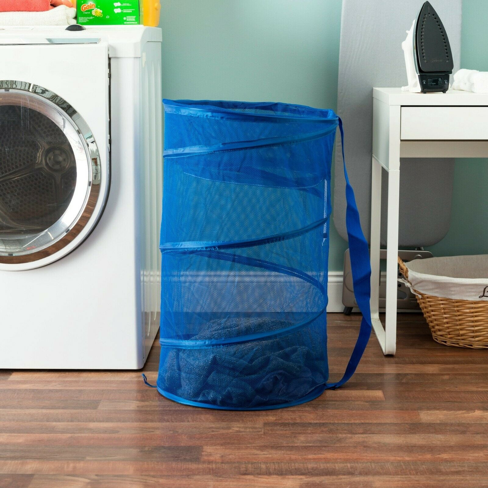 Laundry Basket Pop Up Barrel Hamper Collapsible Breathable Mesh Bag Solid Color - Blue