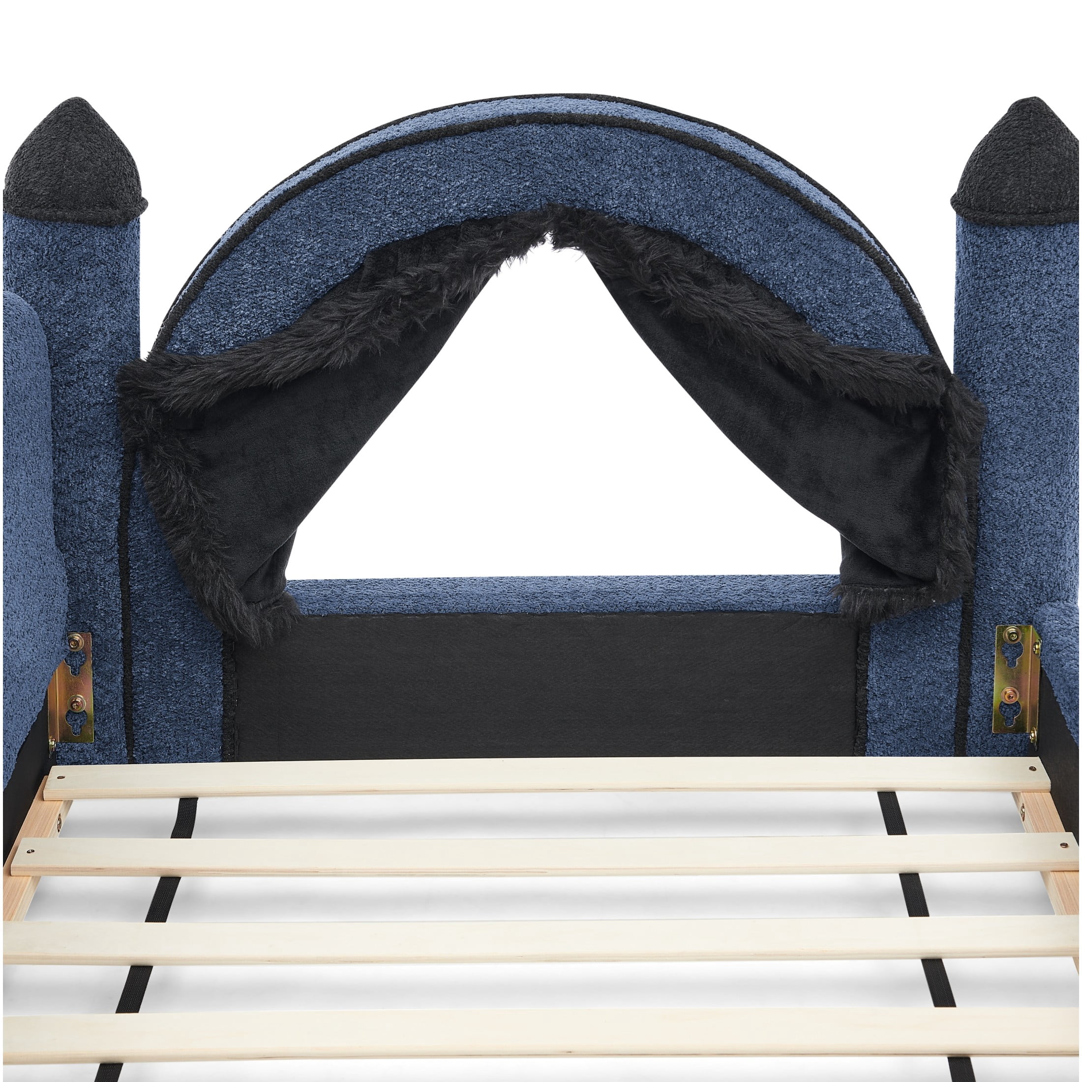 GDF Studio Solley Twin Size Castle Bed with Safety Guardrails, Curtain & Wood Frame, Boucle Upholstered Bed, Navy