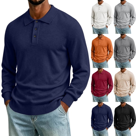Fanshiluo Men's Polo Collar Knit Sweater, Long Sleeve Button Pullover Knitted Top for Fall Winter,L,Big and Tall Men