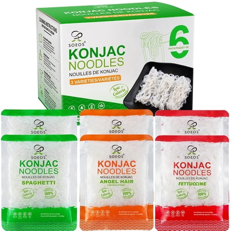 Soeos Konjac Noodles, Shirataki Noodle, 8.8 oz (250 g)*6 Packs, Low Calorie, Low Carb, Keto and Paleo Friendly, 3 Variety Noodles, Fettuccine, Angel Hair, Spaghetti, Total 52.8 Ounce