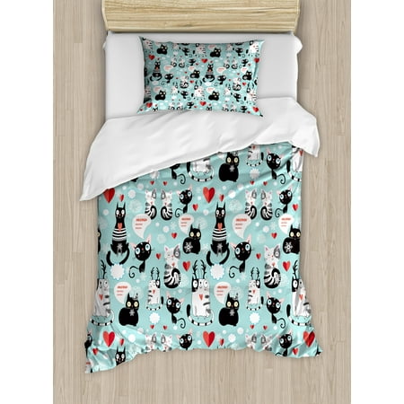 Black And White Duvet Set Cat Lover Duvet Cover Set, Black and White Cats in Love Meow Print among Hearts Daydreaming Kitties Cat Ears, Decorative Bedding Set with Pillow Shams, Multicolor, by Ambesonne ()