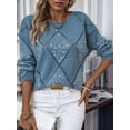 thumbnail image 4 of Womens Crew Neck Crochet Long Sleeve Hollow Out Knit Sweaters Fashion Loose Casual Sequin Pullover Pullovers Blue S, 4 of 9