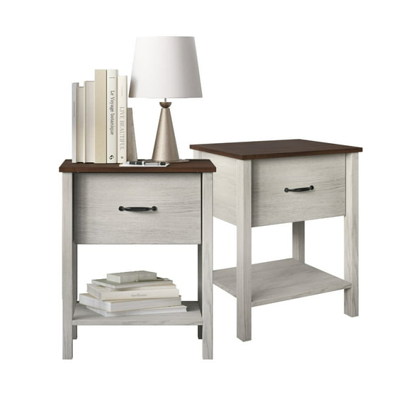 Home Design Sana Nightstand with Pull-Out Drawer and Open Shelf, White Oak/Brown, Easy Assembly (Set of 2)