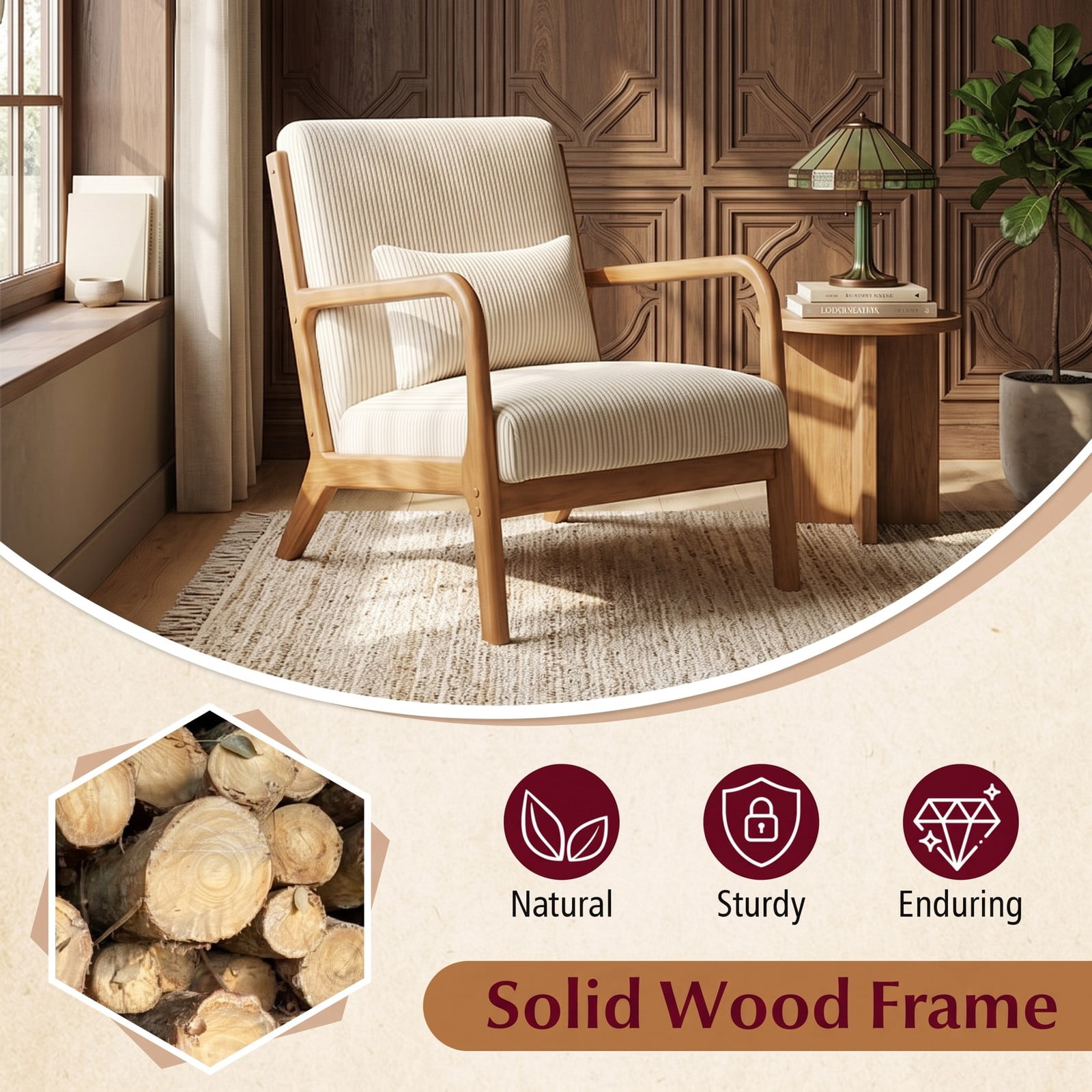 Furnibear Accent Chair, Corduroy Upholstered Lounge Chair with Lumbar Pillow, Ergonomic 105-Degree Backrest, Solid Wood Frame Armchair for Living Room Bedroom, Beige