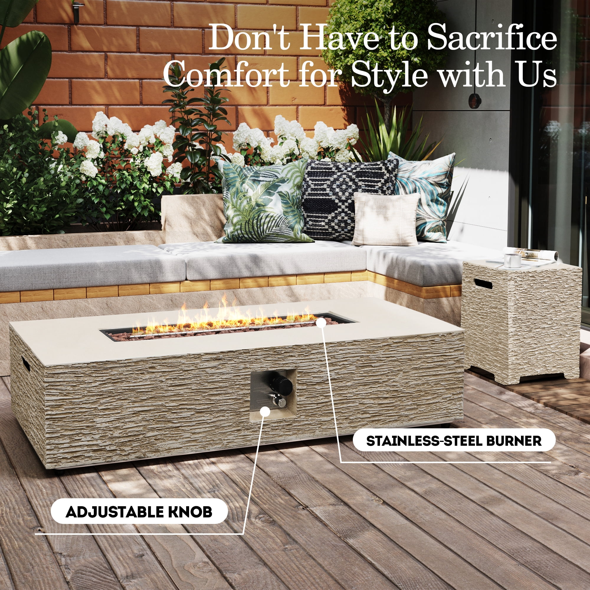 UPHA 56-inch Outdoor Propane Rectangle Fire Pit Table 50000 BTU Gas Concrete FirePit for Outside Patio with Lava Rocks, Rain Cover, Beige