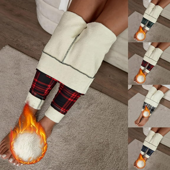Zedker Plaid Fleece Lined Leggings Women Pull-On Skinny High Waisted Stretch Jeggings Casual Thermal Thick Fur Winter Tights