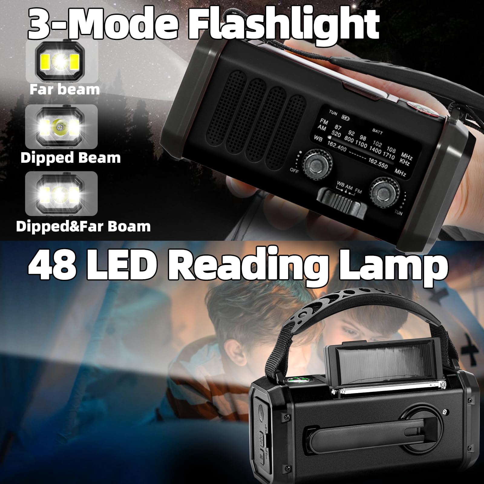 Hand Crank Emergency Radio 37000mwh Solar Portable Noaa Am Fm Weather With 3mode Flashlight And Reading Light Cell Phone Home Distress Signal (black)