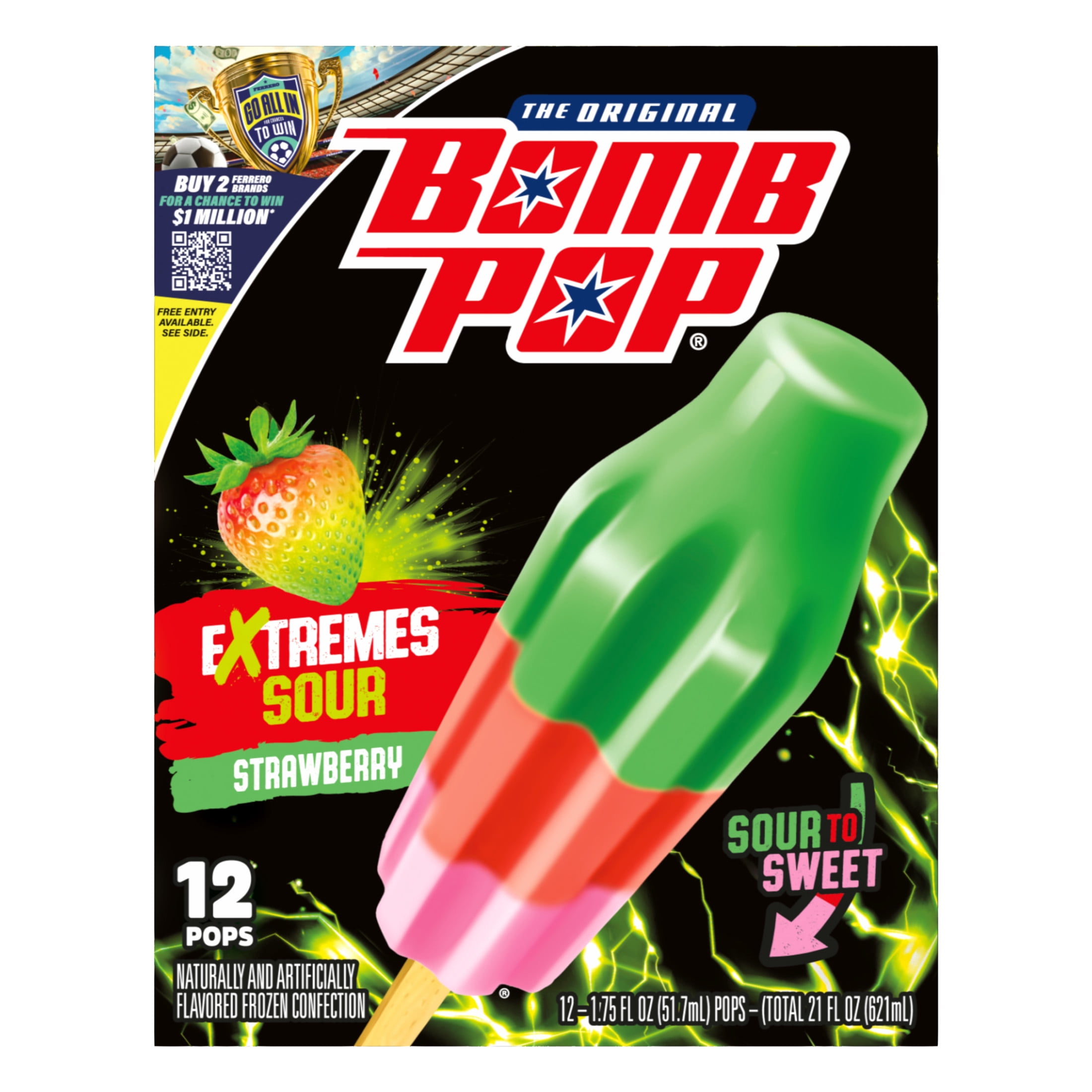 Bomb Pop Extremes Super Sour Strawberry Freeze Ice Pops, Frozen Freezer Dessert, 12 Pack