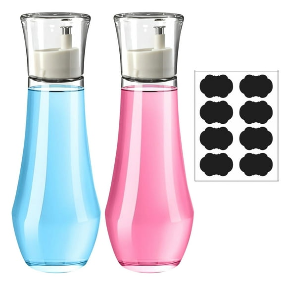 2 Pack Glass Mouthwash Dispenser Set, 9 oz Bathroom Liquid Dispenser with Stainless Steel Pump, Clear Glass Bottle with Measurement Marks, Modern Design for Bathroom Vanity