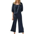 thumbnail image 2 of Idoravan Women Sets Clothing Womens Solid Color Three-Quarter Sleeve Square Collar Cropped Top + Casual Long Pants Suit Set, 2 of 5