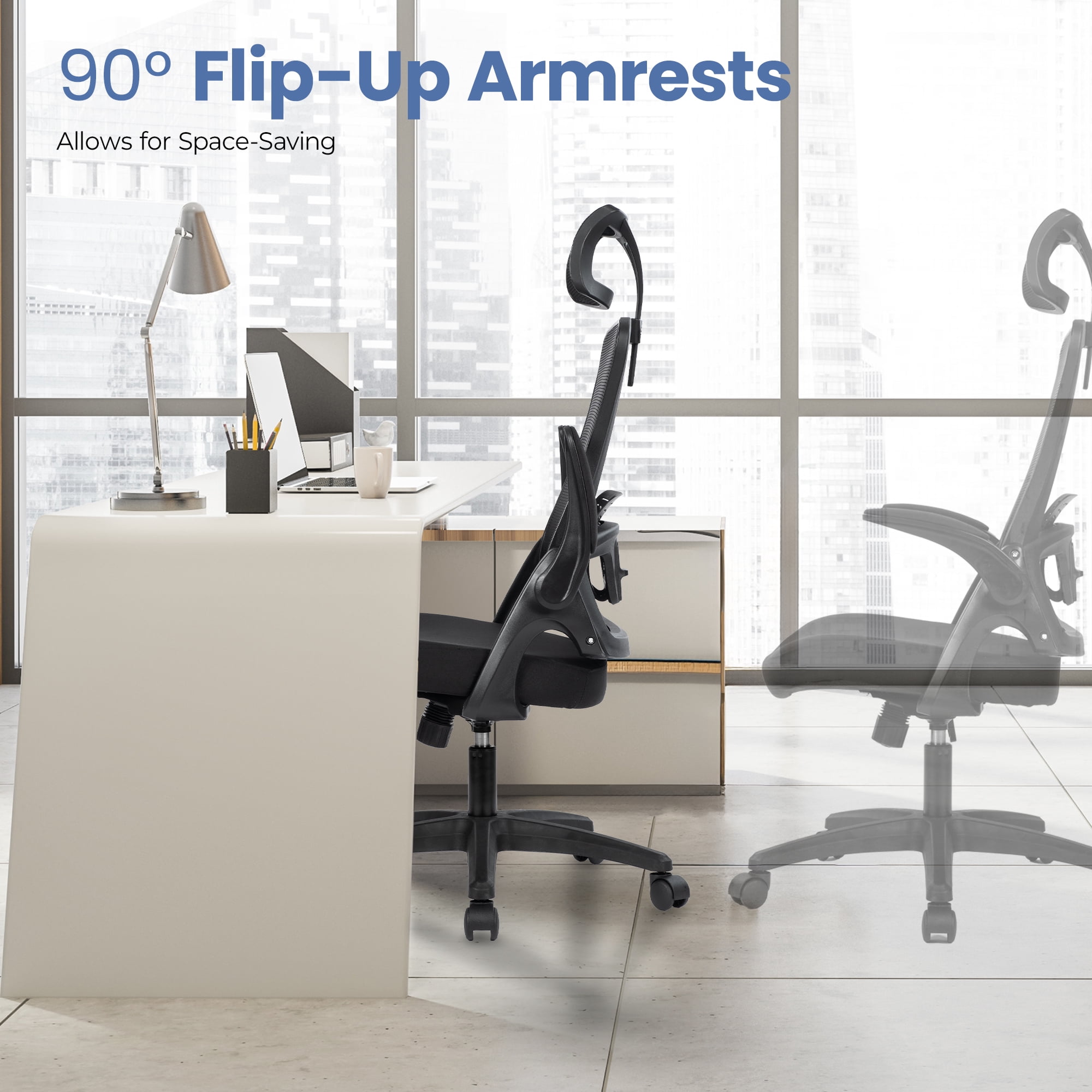 CELTOSS Ergonomic Office Chair, High Back Flip-Up Armrests Design, Adjustable Mesh Headrest and Lumbar Support, Black