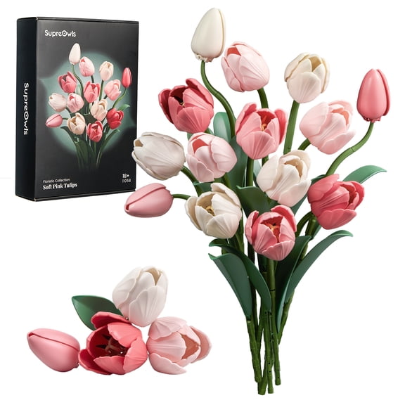 SupreOwls Soft Pink Tulip Building Block Set for Adults, DIY Flower Bouquet Kit, ABS Botanical Model, Romantic Gift for Mother's Day Wedding