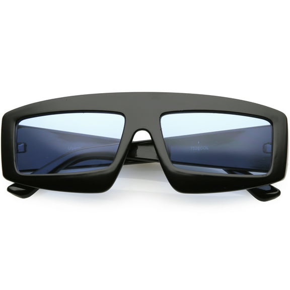 Futuristic Rectangle Sunglasses Wide Arms Color Tinted Lens 57mm (Black / Blue)