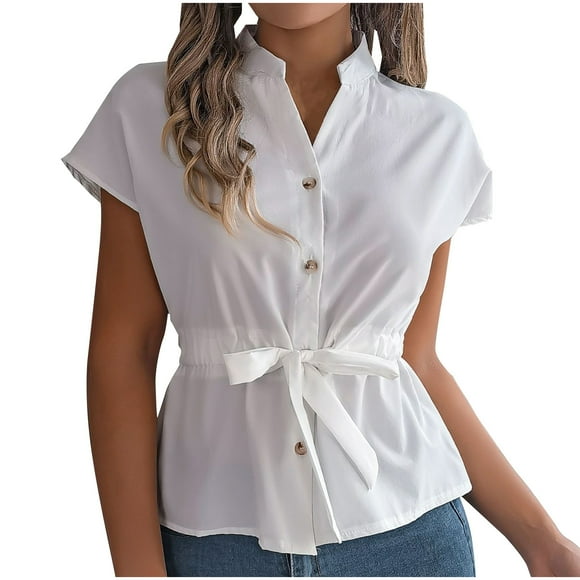 Tnhcen "Women's Summer Solid Color Stand Collar Button-Up Shirt - Blend Drawstring Waist Blouse | Casual Short Sleeve Daily Tops S-XL