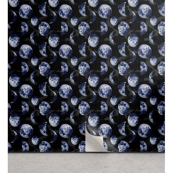 Ambesonne Moon Peel & Stick Wallpaper for Home, Night Concept Lunar Motifs Art, 13"x36", Soft Blue Black and Grey