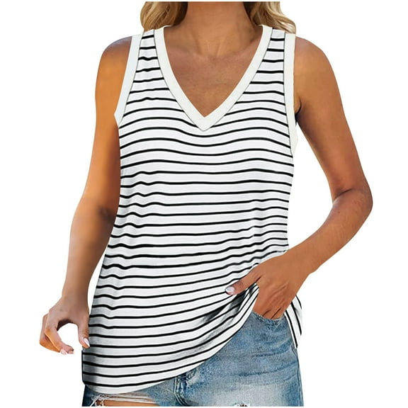GigrtiJin Striped Tank Top for Women V Neck Sleeveless Tees Shirts Oversized Loose Vest Casual Trendy Going out Camisole