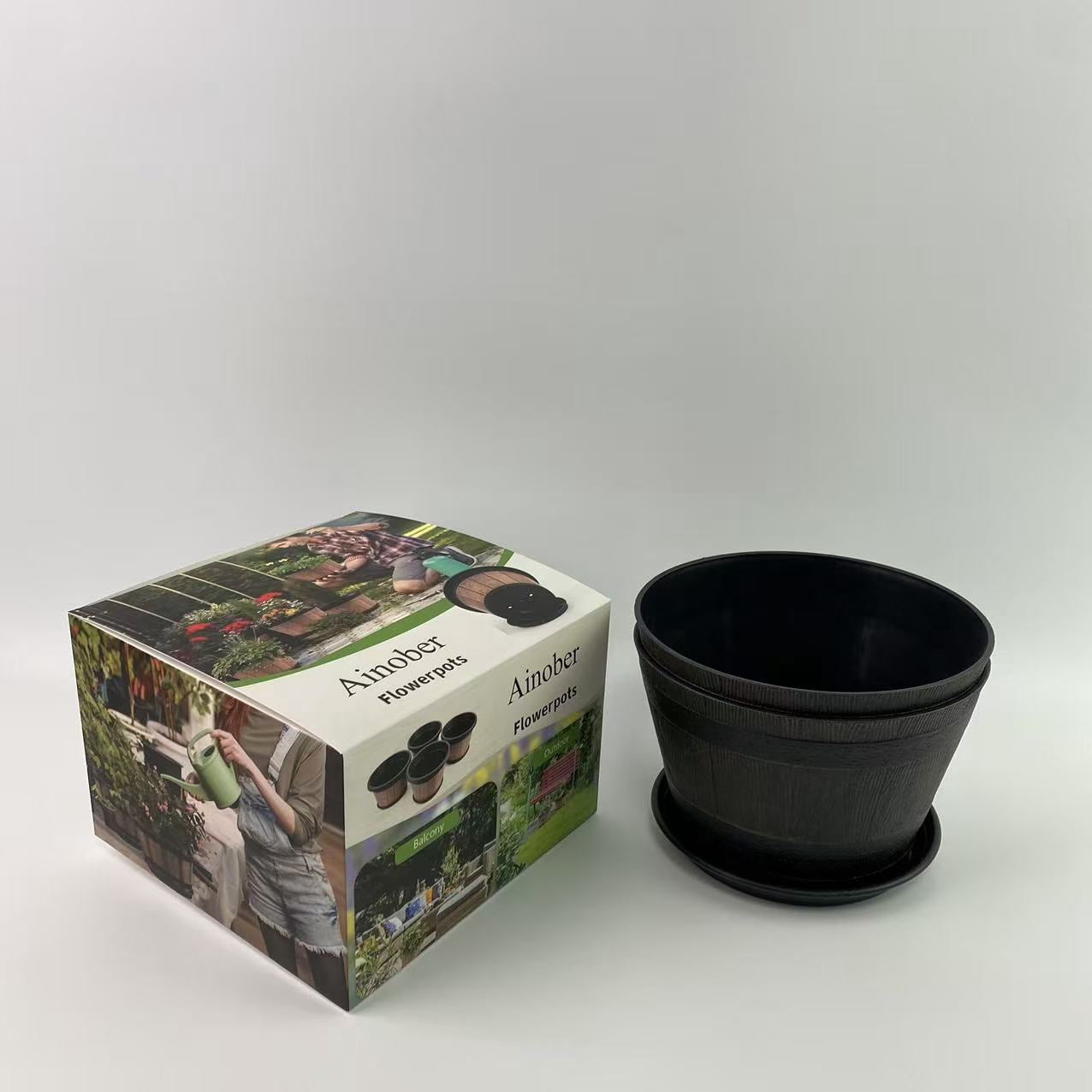 Ainober Flowerpots,10 inch Plant Pots,Plastic Decoration Flower Pots Imitation Wine Barrel Design, for Indoor & Outdoor Garden Home Plants (Brown)