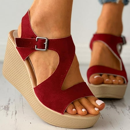 

LEEy-World Shoes for Women Topic Open Toe Buckle Ankle Strap Espadrilles Flatform Wedge Casual Sandal