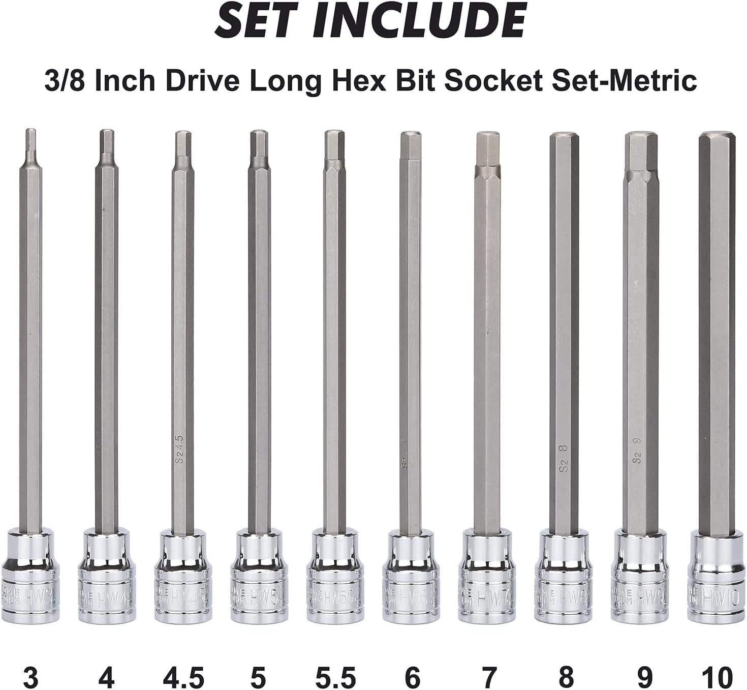 18 Pieces 3/8 Inch Drive Long Hex Bit Socket Set,1/8 Inch to 3/8 Inch, 3mm to 10mm, SAE&Metric, Extra Long Allen Hex Bit Socket Set, CR-V and S2 Steel